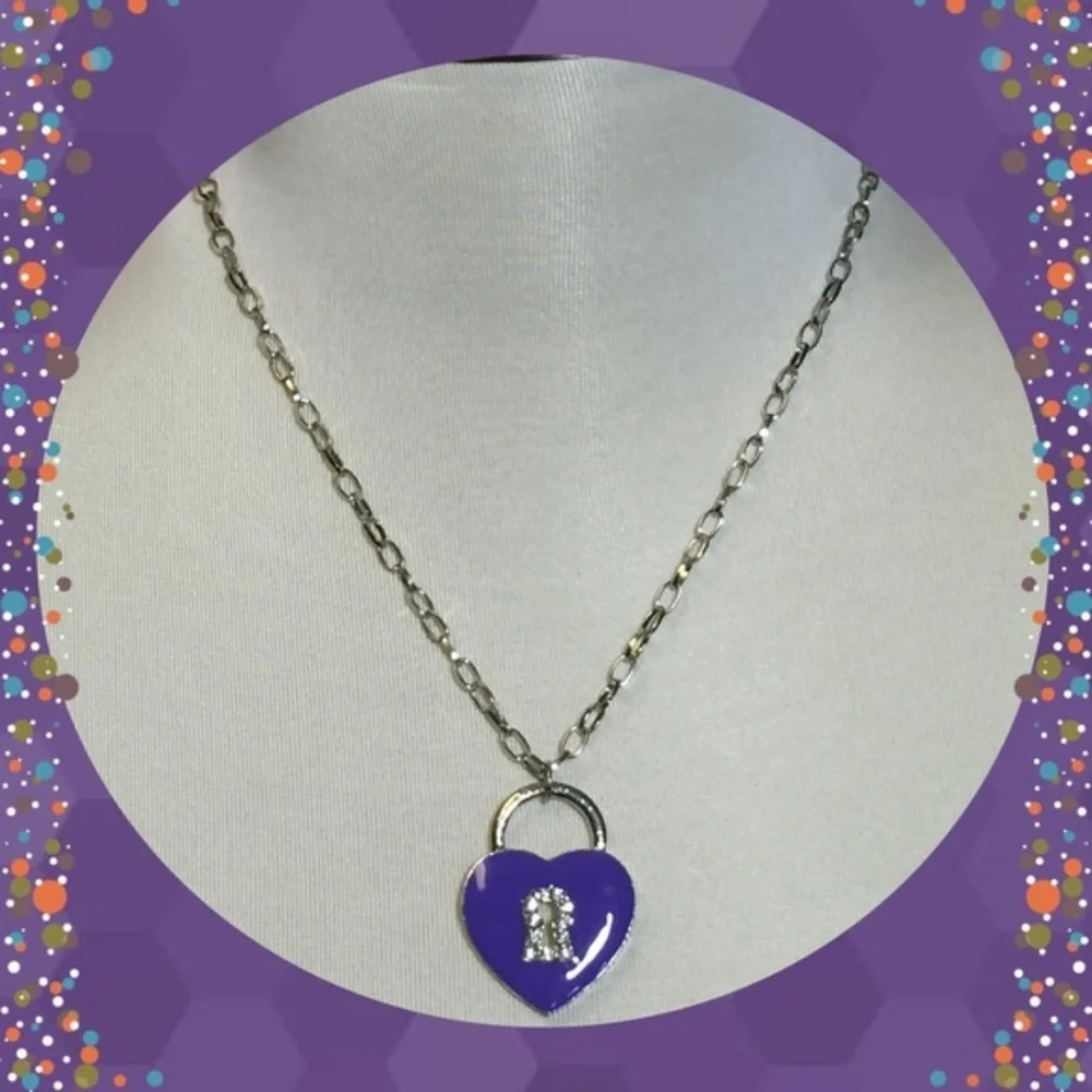 2/$10 Girls Purple Heart Lock Rhinestone Pendant Necklace | 7 Inch